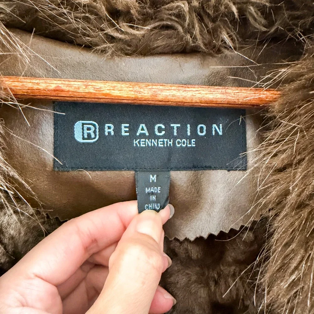 Vintage Y2K Penny Lane 70s Retro 100% Leather Faux Fur Kenneth Cole Brown Coat M - Picture 7 of 13